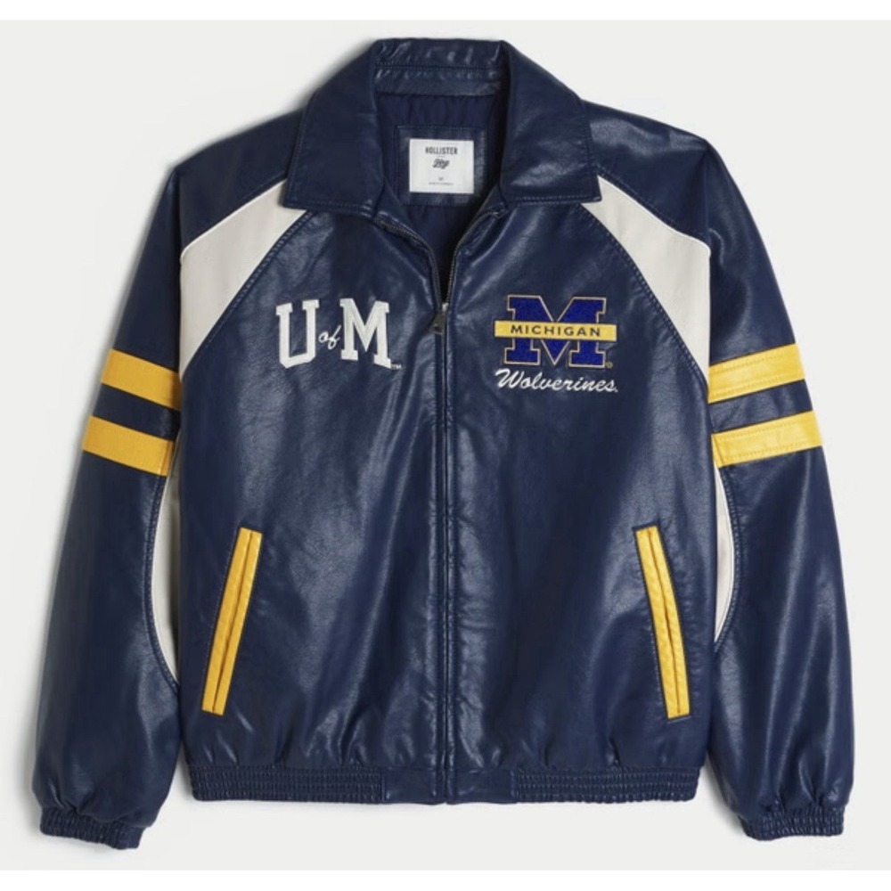 University of Michigan Wolverines Graphic Faux Leather Jacket Men's XL Blue NWT‎